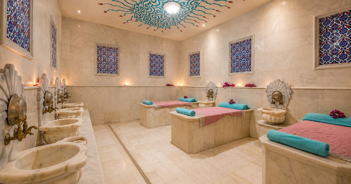 Traditional Turkish hammam with marble massage tables and decorative tilework, Kemer resort